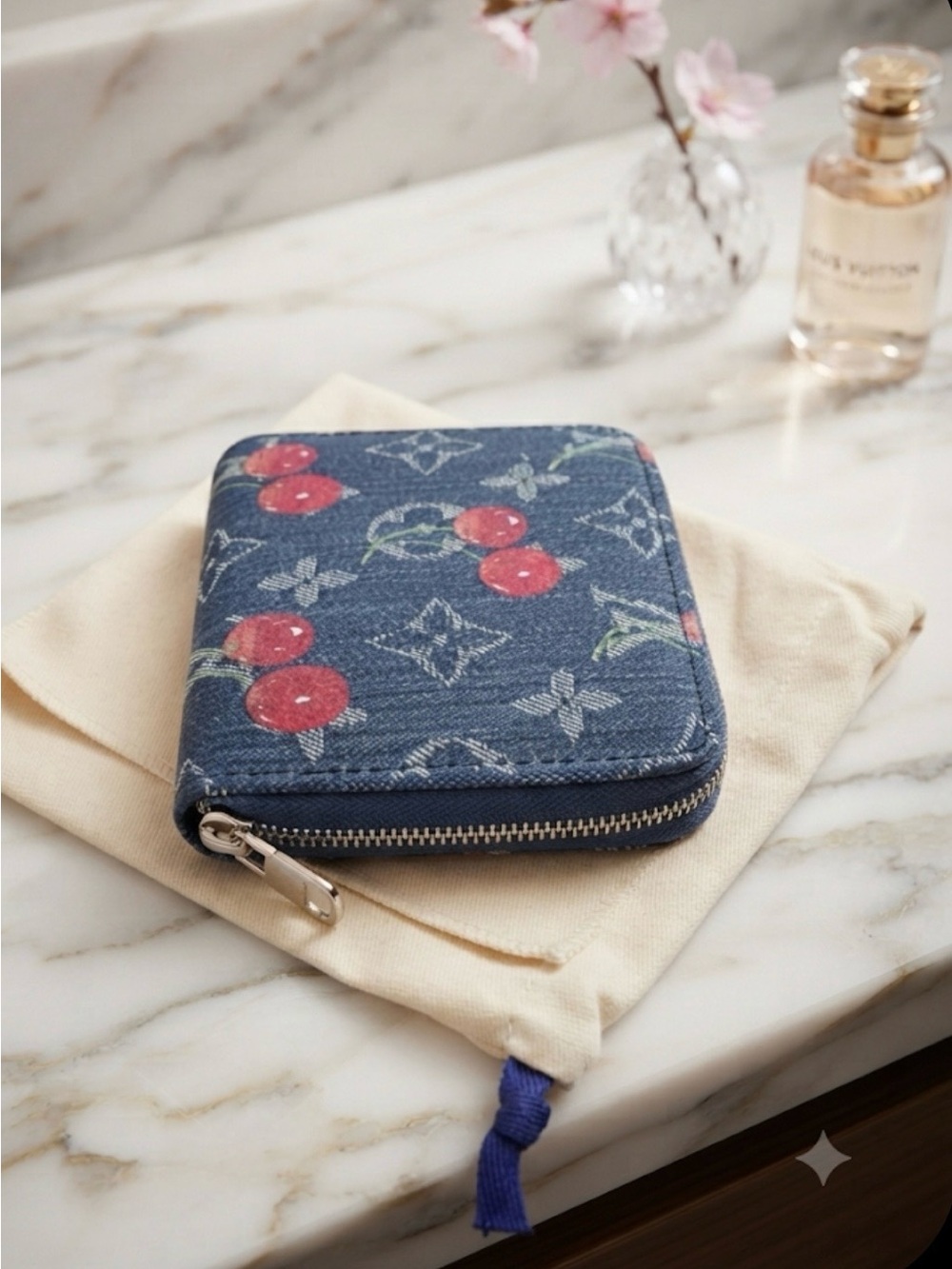 Blue Denim Cherry Zip Wallet with dust bag